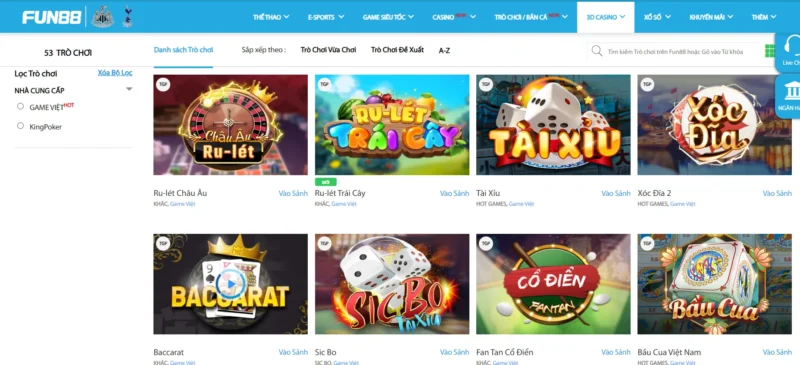 Thông tin chung về sảnh chơi 3D Casino tại Fun 88