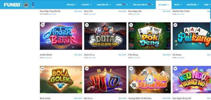 Một số tựa game nổi bật trong sảnh game 3D Casino tại Fun 88