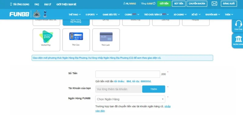 Nạp tiền qua tài khoản ngân hàng tại Fun 88