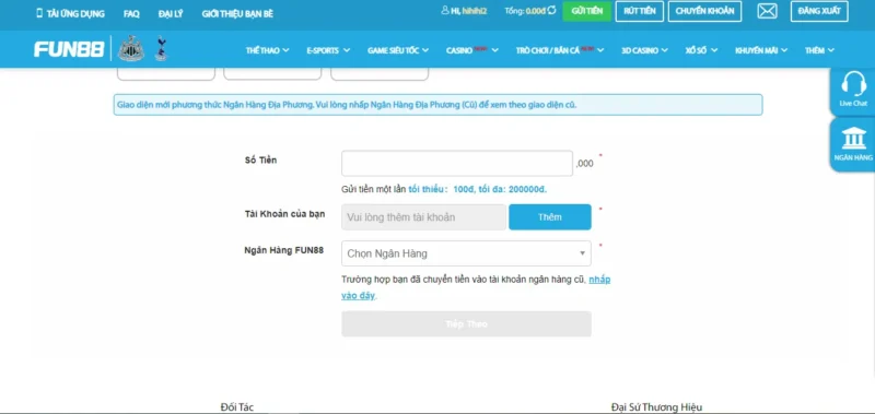 Nạp tiền từ tài khoản ngân hàng vào Fun88
